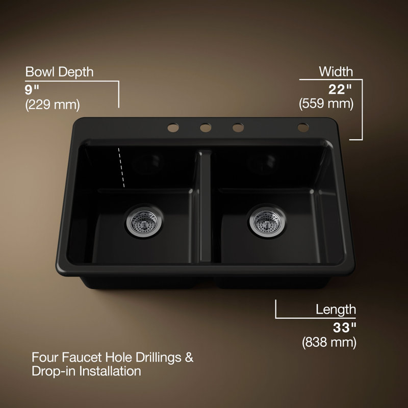Riverby 33 In. Top-Mount Double-Bowl Kitchen Sink, Black, 4 hole, Double-equal bowls