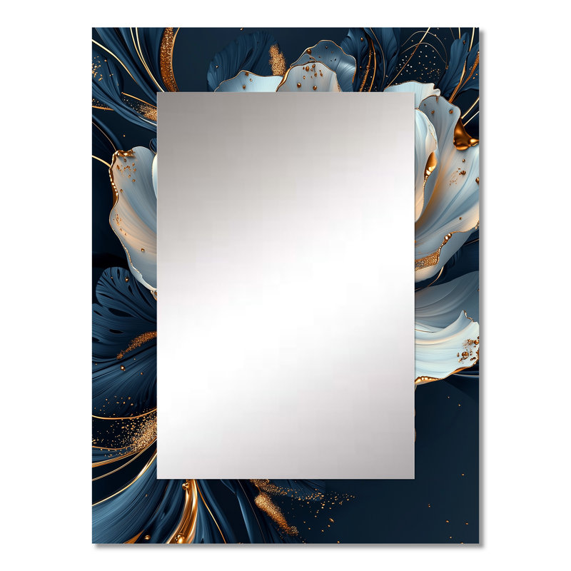 Or doré et pivoine bleue en fleurs - miroir décoratif pivoine, miroir mural doré, impression d'art en métal, 32 po x 24 po