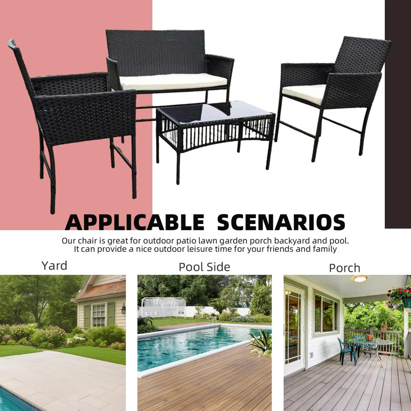 4-piece Garden Sofa Set, Table & Chairs, Wicker Outdoor Rattan Patio Furniture, Black