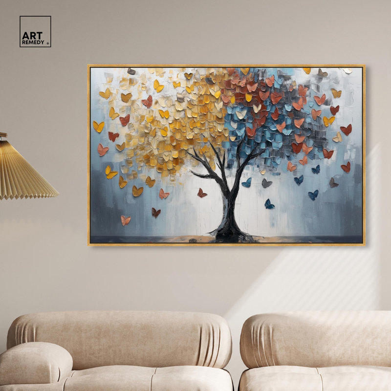 Butterfly Dream Tree I Canvas Colorful Tree Art by Art Remedy, 37.5" H x 55.5" W x 1.2" D, Gold Floater Framed