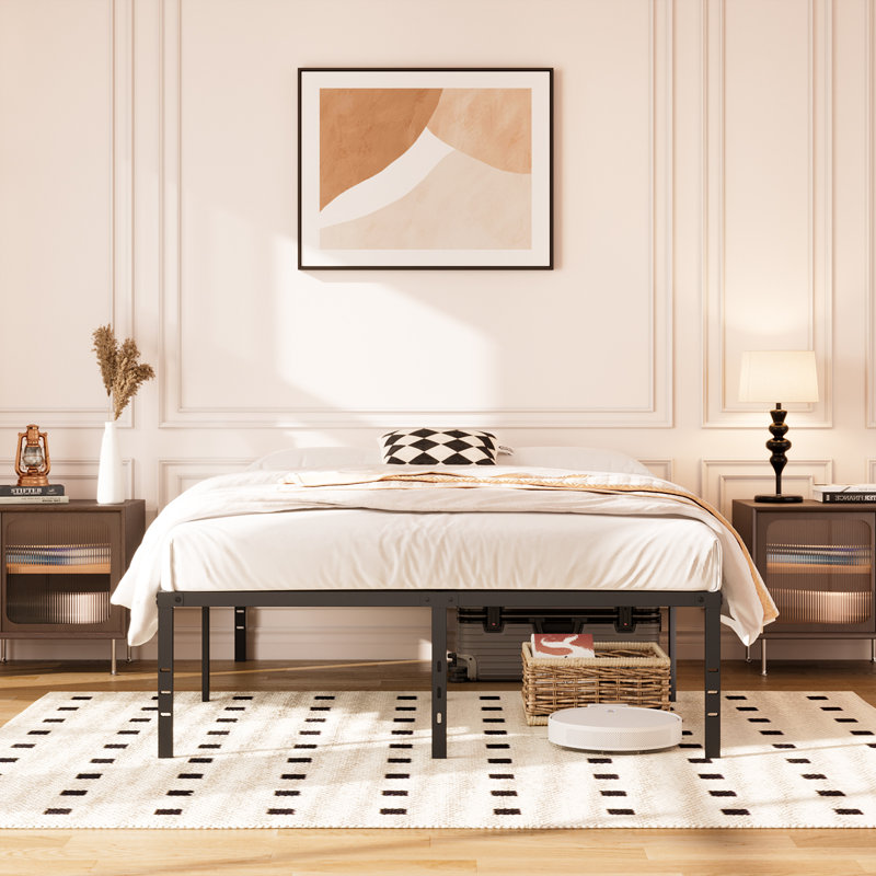 Cadre de lit en métal, robuste et silencieux, avec rangement sous le lit, antidérapant, aucun sommier requis, Grand lit, 18"