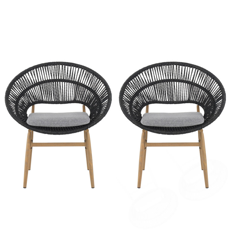 Outdoor Wicker Papasan Dining Chair With Ergonomic Contour And Weather-Resistant Cushion, Set Of 2, Dark Gray, Black