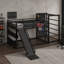 Lit mezzanine double en métal avec panier de basketball, anneaux de traction, mur d'escalade et tablettes intégrées-272278850