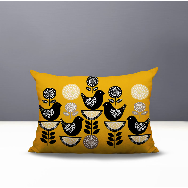 Oreiller rectangulaire intérieur / extérieur réversible Lina Bird, Jaune, Rectangle H 14 po x l 20 po
