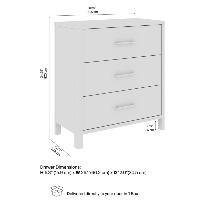 Commode 3 tiroirs Alberta, meubles de rangement pour la chambre à coucher