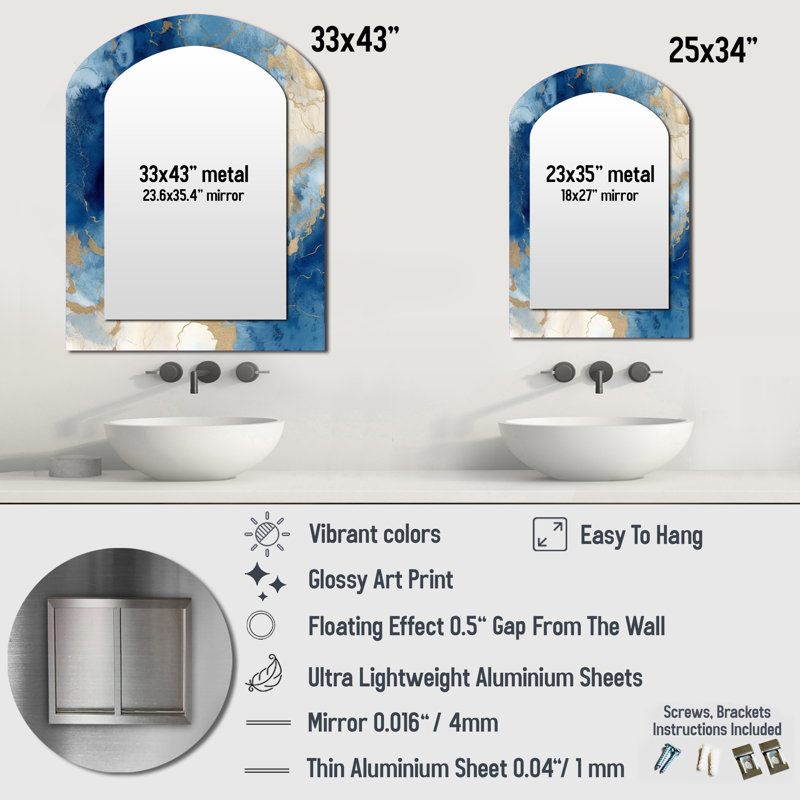Blue and Gold Marble Clouds X - Blue Modern Arch Wall Mirror, 34" x 25"