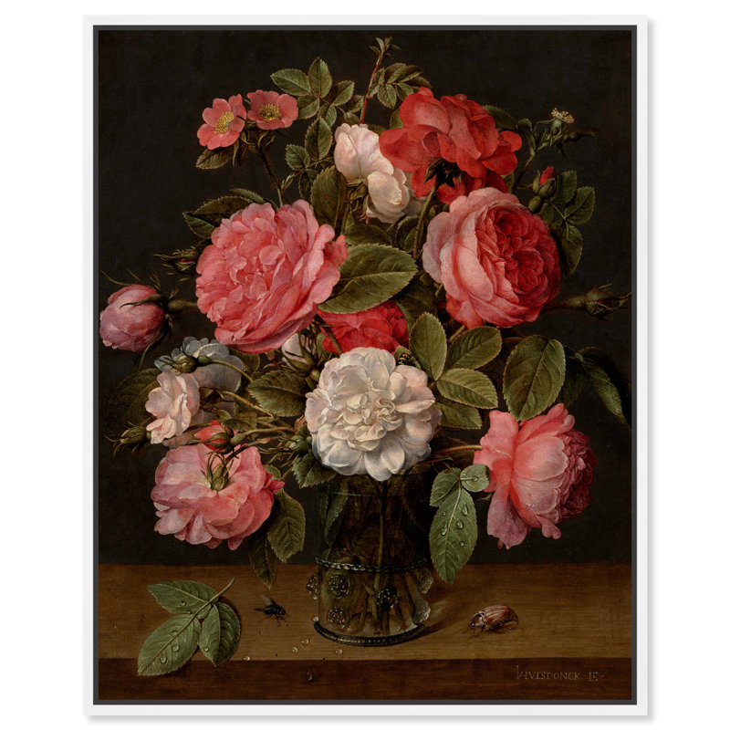 Art mural Jacob Van Hulsdonck Roses dans un vase en verre par Art Remedy, Cadre blanc, H 25 po x l 21 po