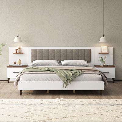 Eddie Wooden Bed With 2 Nightstands & Upholstered Headboard