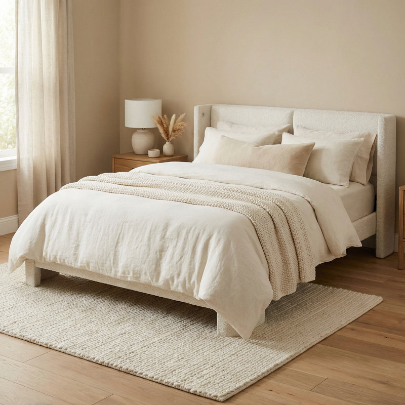 Structure de lit rembourrée avec tête de lit et ports USB, conception en nuage, aucun sommier nécessaire, blanc crème, Double