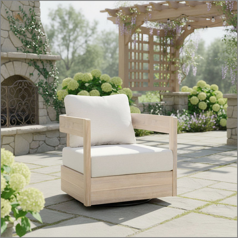Fauteuil club pivotant en bois Telluride, finition blanc clair avec coussin beige, Blanc clair
