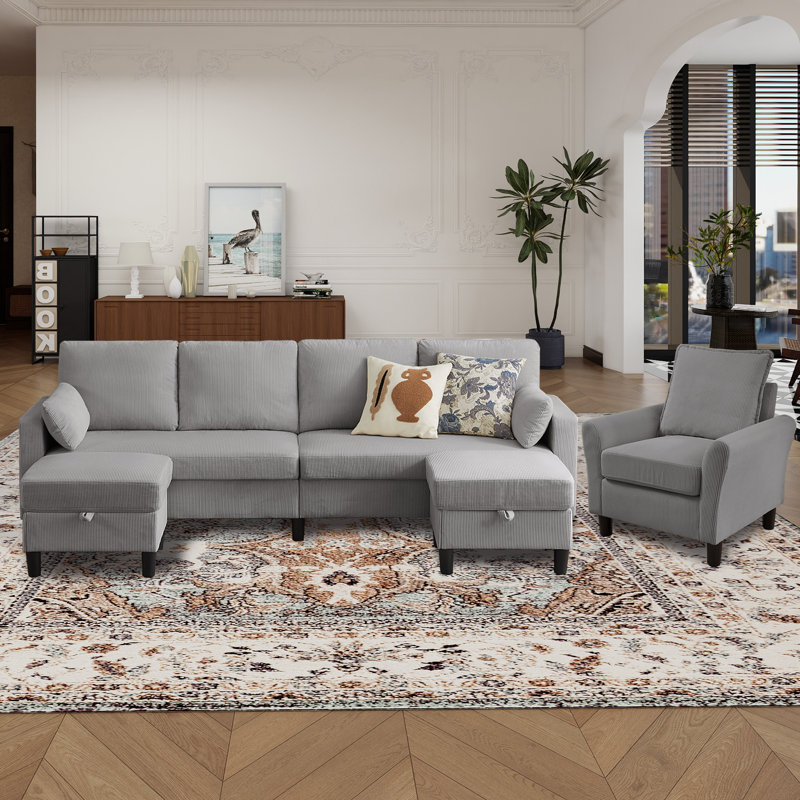 Ensemble de salon de 101 po en velours côtelé 3 pièces comprenant un canapé modulaire en L 4 places, 2 repose-pieds avec rangement et une chaise