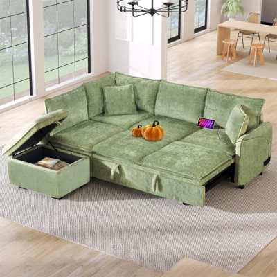 82.67"Convertible Sofa Bed Sectional Sofa Sleeper L-Shaped Sofa With A Storage Ottoman,Two Pillows, Two Power Sockets And Two USB Ports For Living Room