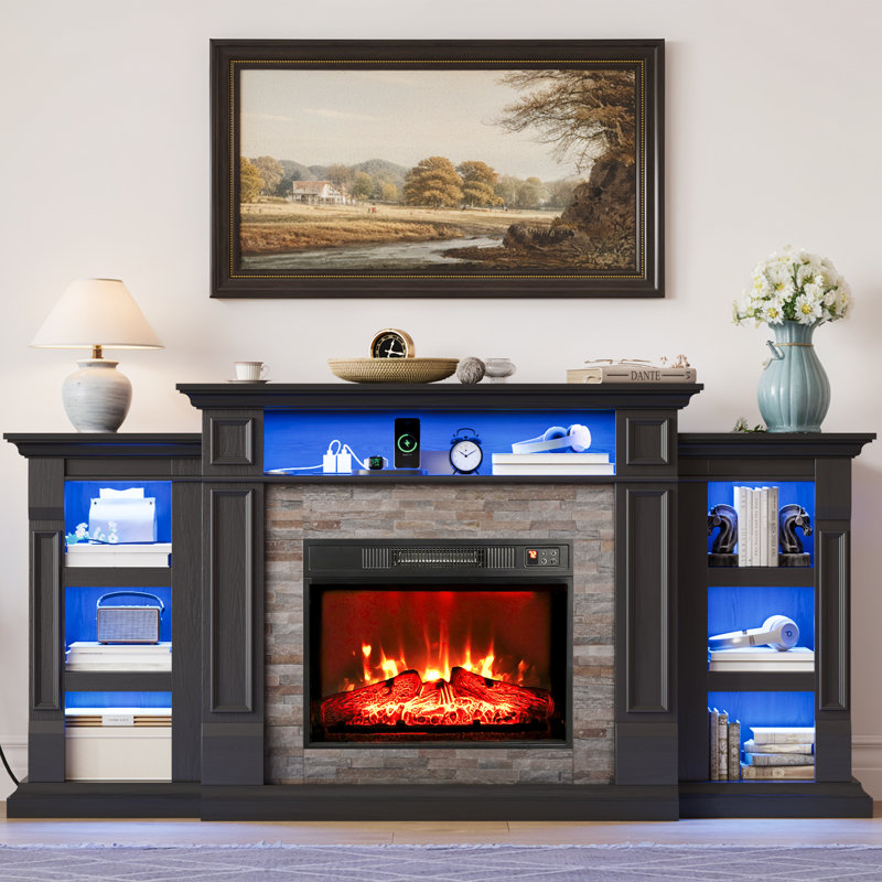  72" Fireplace TV Stand for TVs up to 80" with Fireplace Included, Entertainment Center with Charging Station & LED Light, Black