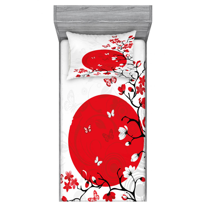 Japanese Microfiber Floral Sheet Set, Twin Sheet Set + Fitted Sheet + 1 Pillowcase