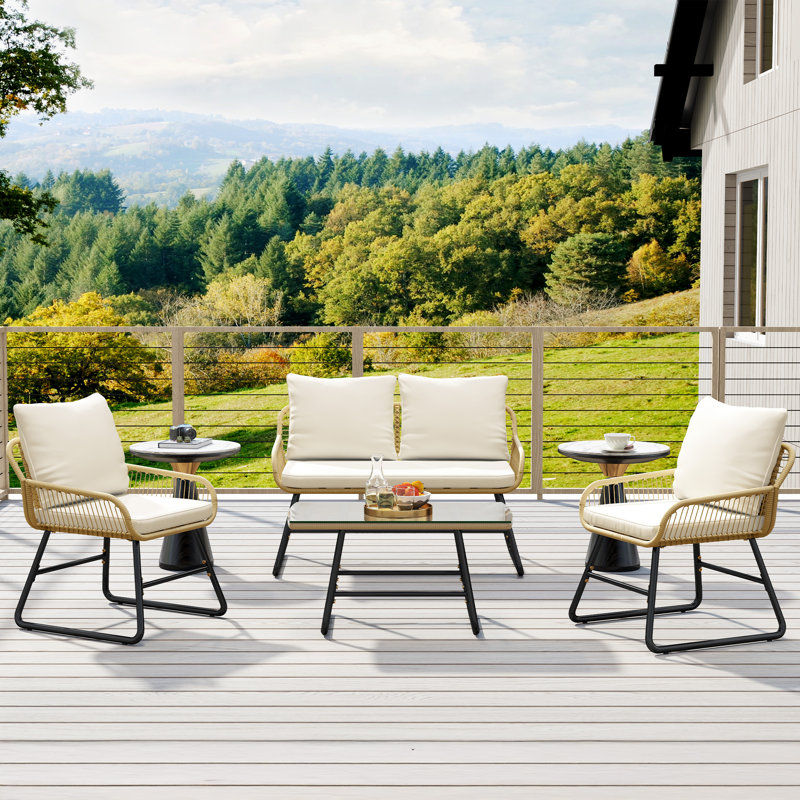 Ensemble de conversation pour 4 personnes avec table basse, causeuse et 2 chaises de conversation, Crème, crème