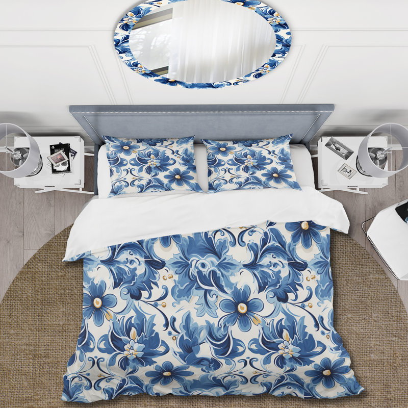 Literie de fleurs de tuiles bleues méditerranéennes, Housse de couette simple + 1 taie décorative stan