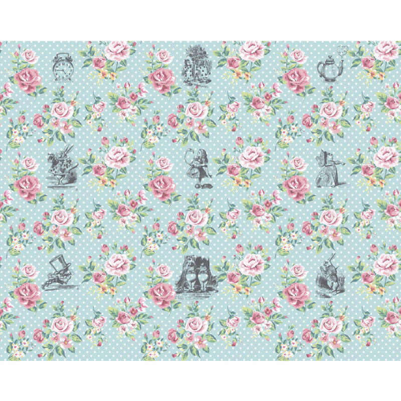 Alice In Wonderland English Rose Print - Blue Wall Mural, 240cm L x 300cm W