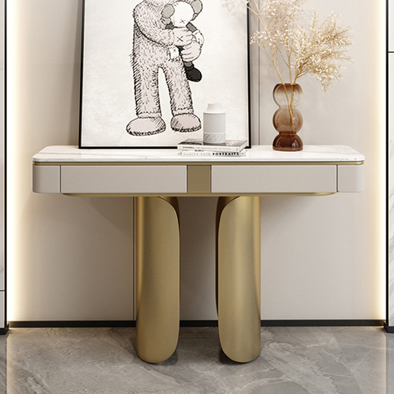 Console de style moderne de luxe en pierre frittée, H 33,4 po x l 62,9 po x P 13,7 po, Doré