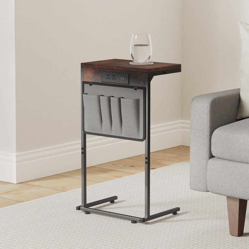 C Shaped End Table With Charging Station, Small Side Table For Recliner, Over Couch Table With Outlet And Storage Bag, Slide Under Sofa Tray Table For Living Room, Bedroom, Rustic Brown