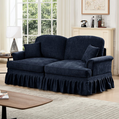 Blue Chenille Two Seater Couch With Flared Arms, Spindle Legs, And Detachable Ruffles Pleats Skirts, Mid Century Grace For Living Space Elegant Seat Love Removable Legs Room Setting