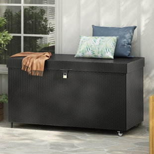 Wicker Deck Box With Wheels, All-Weather Outdoor Storage Box, Rattan Storage Bin For Patio Furniture, Outdoor Cushions, Pool Storage And Garden Tools