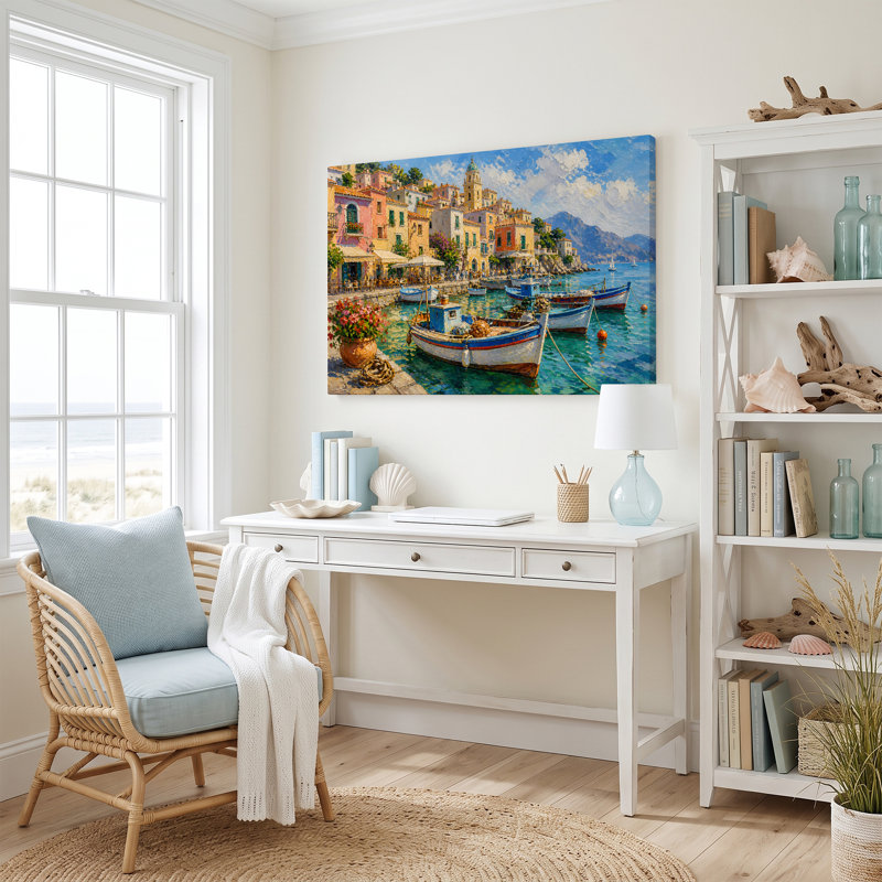 Peinture à l'huile représentant un village portuaire méditerranéen - 81 x 122 cm, H 32 po x l 48 po