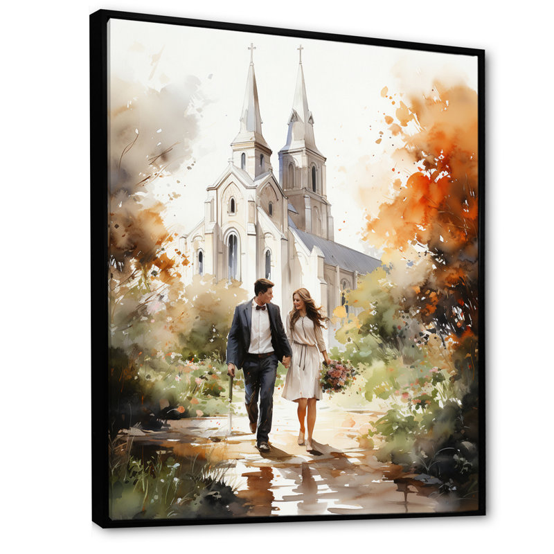 Couple in Love, chapelle de mariage, aquarelle rustique - reproduction sur toile, Cadre flottant noir