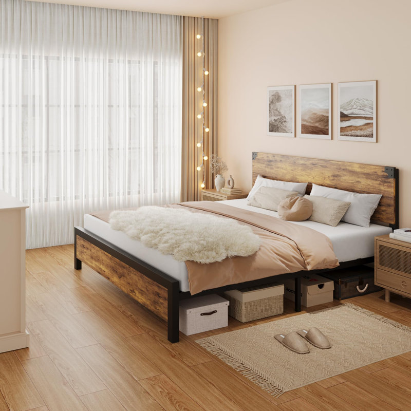 Bed Frame With Wood Headboard, Platform Bed Frame, King
