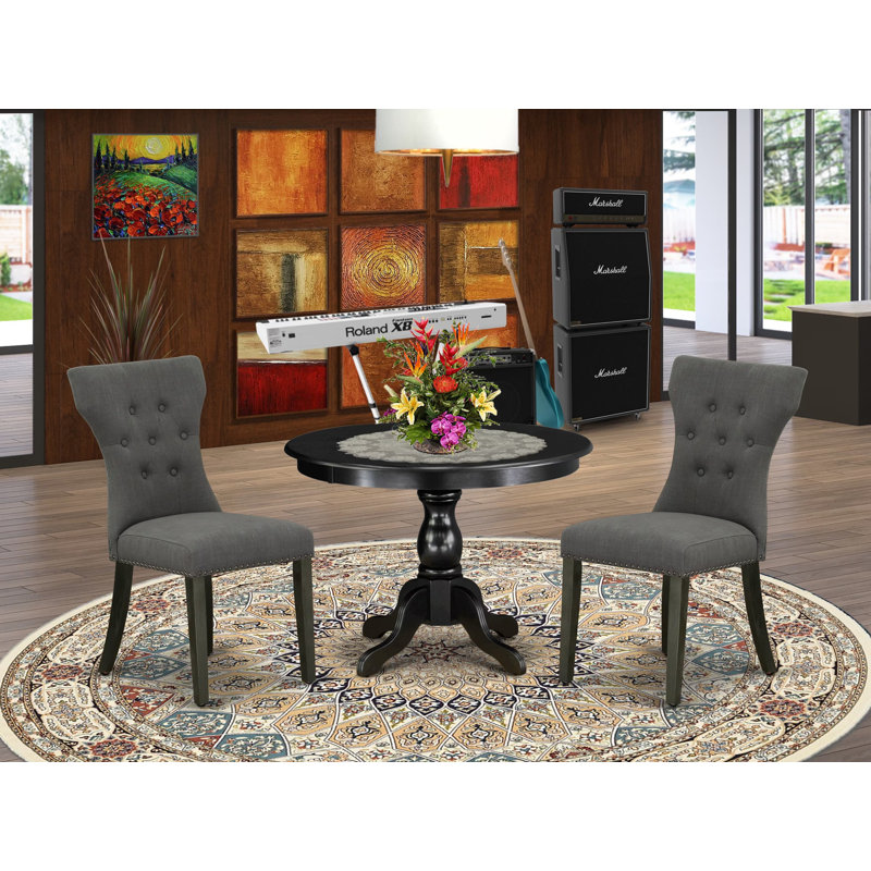 3 Piece Dining Set Contains a Round Dining Room Table with Pedestal and 2 Dark Gotham Linen Fabric Upholstered Parson Chairs, 42x42 Inch, Wirebrushed Black