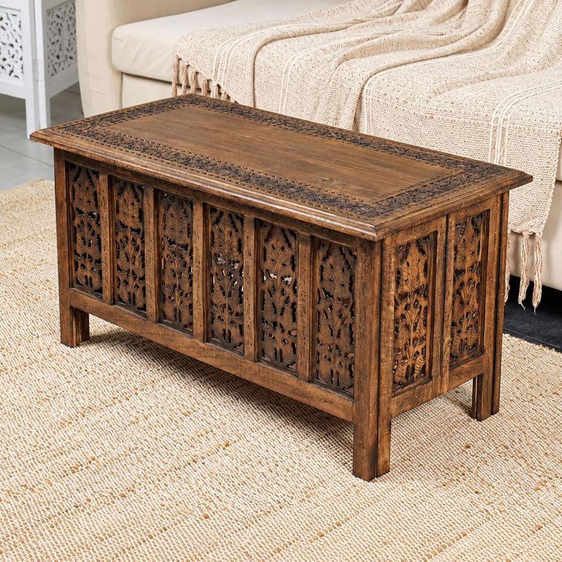 Coffee Table in Solid Wood With Hand Carving 36x18"_Burnt Rectangular