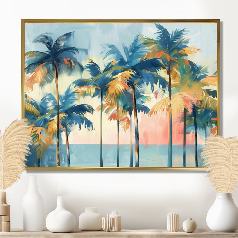 Abstract Coastal Palm Trees In Blue And Gold I - Palms & Palm Trees Wall Art Print, Gold Floater Framed, 28" H x 60" W