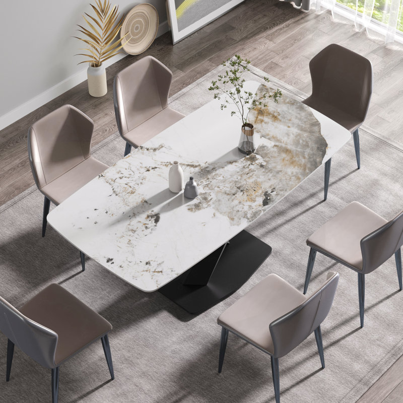 Table de salle à manger 70,87 "en pierre artificielle moderne avec pieds en métal noir courbé Pandora - peut accueillir 6 à 8 personnes