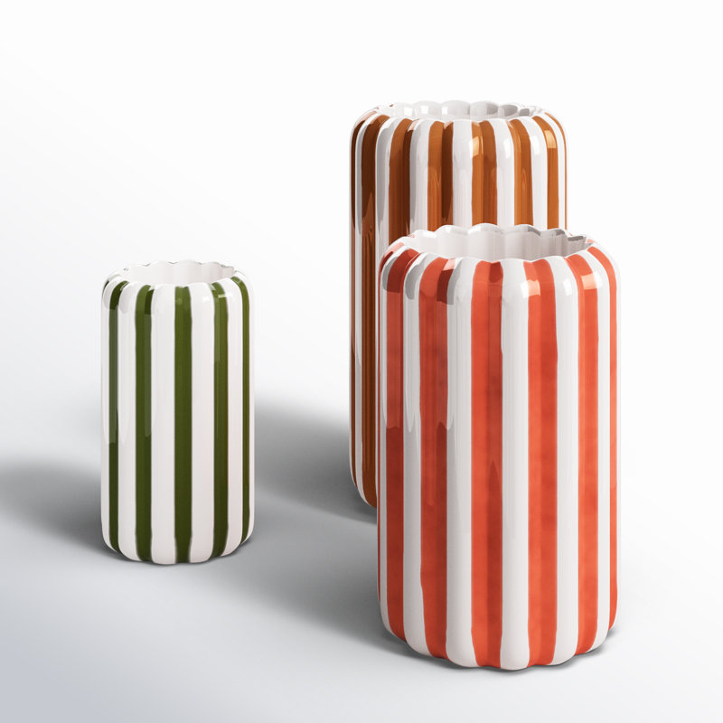 SET OF THREE CERAMIC VASES WITH VERTICAL STRIPES - ONE EACH COLOR