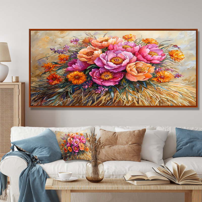 Été, bouquet de pivoines, art mural sur toile, Cadre flottant brun, 30" H x 40" W