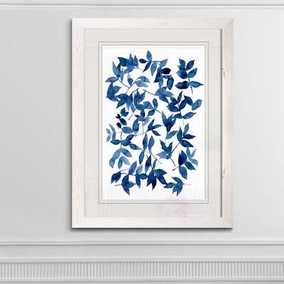 « indigo fallen leaves ii »-peinture sur papier encadrée
