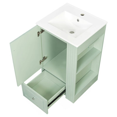 Meuble-lavabo autoportant de 20 po avec lavabo en céramique, trou de robinet simple, armoire de rangement en MDF avec tiroir à fermeture en douceur, tablettes latérales ouvertes avec barre à serviettes en pin, petit meuble-lavabo moderne pour salle de bain compacte