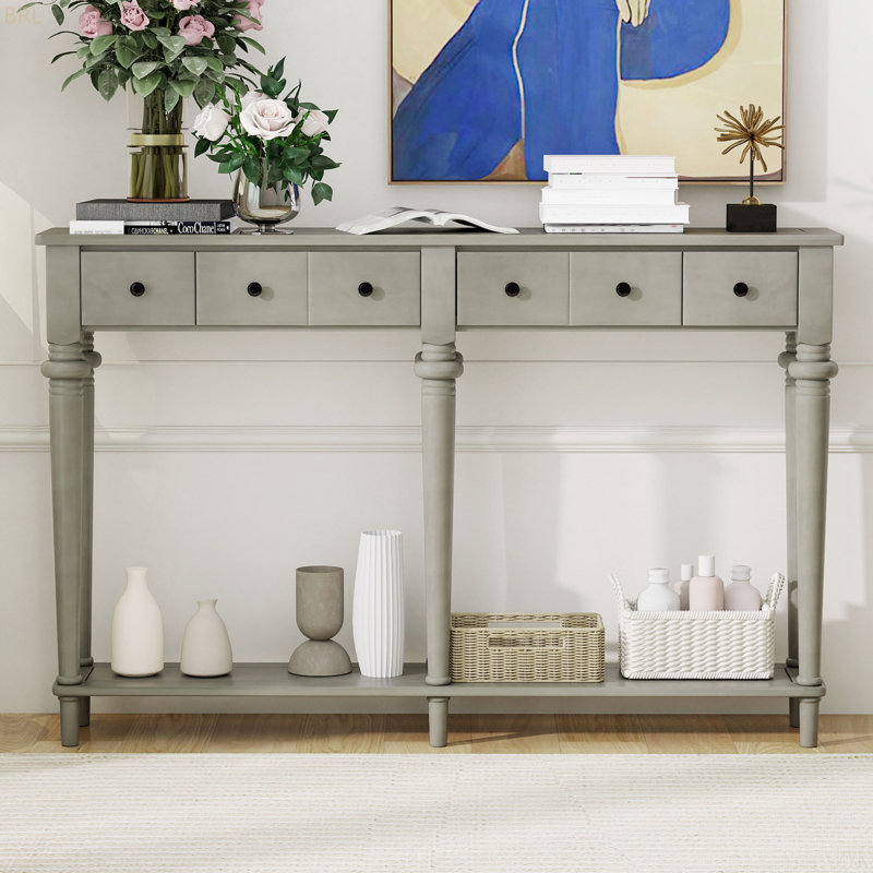 Table d'entrée avec 4 tiroirs, console rétro avec tablette ouverte pour les entrées, les salons et les couloirs, Grey Wash