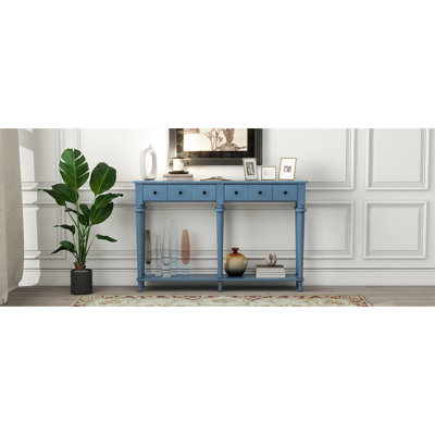 Console Retro - Bleu marine. 4 tiroirs et tablette ouverte. Look rétro rustique avec finition pin. Fabriqué en pin. Ours de table 220 lb, tiroir 15 tablettes inférieures 33 lb Polyvalent pour les espaces de vie.