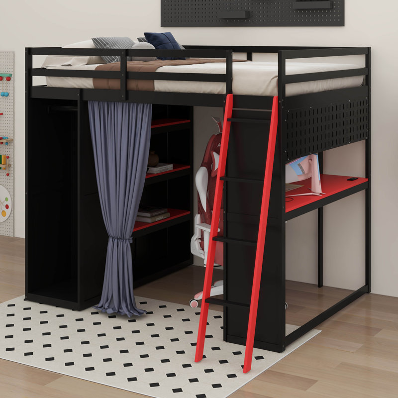 Lit mezzanine double avec bureau et 6 tablettes de rangement, garde-robe, rideau occultant, Noir / Rouge