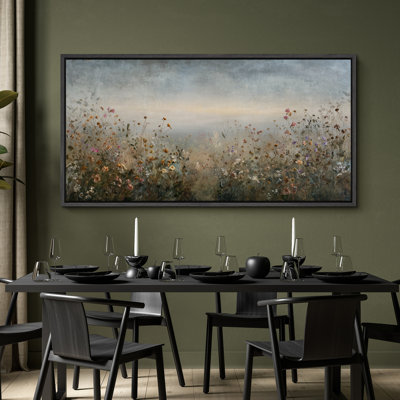 «Soft Morning Meadow with Wildflowers and Misty Distance», reproduction d'art sur toile encadrée