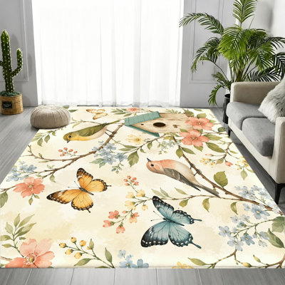 Vintage Watercolor Bird Butterfly Floral Area Rug, Artistic Botanical Pattern, Machine Washable Non-Slip Floor Carpet, Aesthetic Indoor Home Decor for Living Room, Bedroom, Entryway, Front Door, Kitchen, Balcony, Apartment