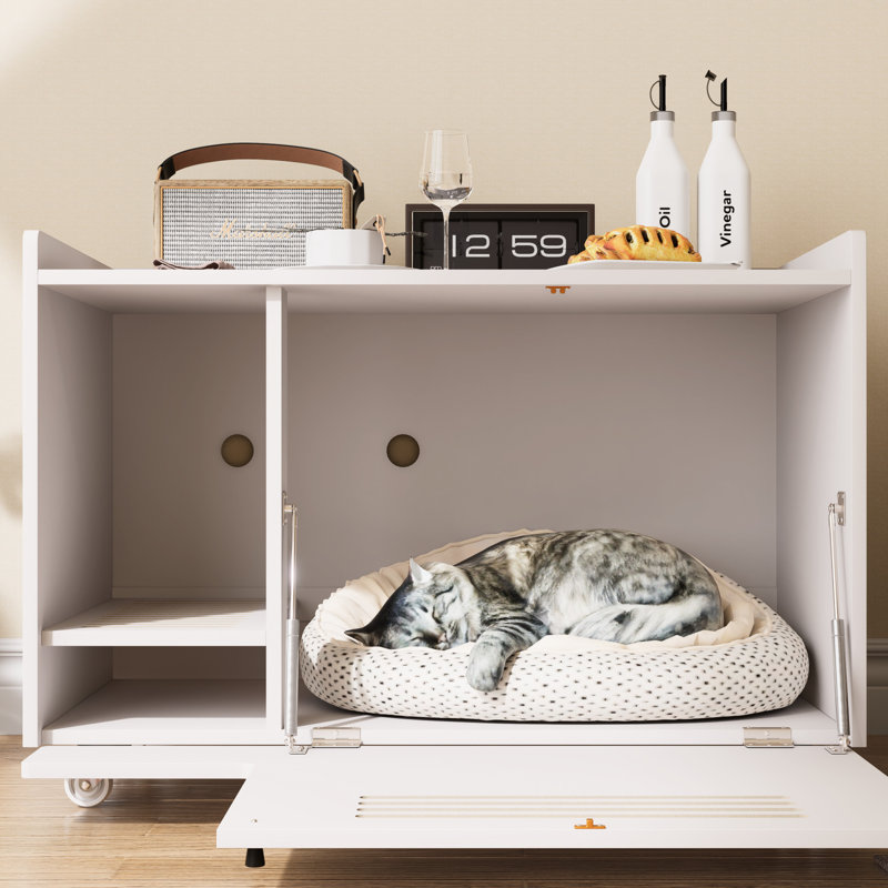 Bac à litière blanc moderne pour chat avec clôture latérale supérieure, table pour animal de compagnie et banc de rangement, grille facile à déplacer et à odeur avec convection d'air
