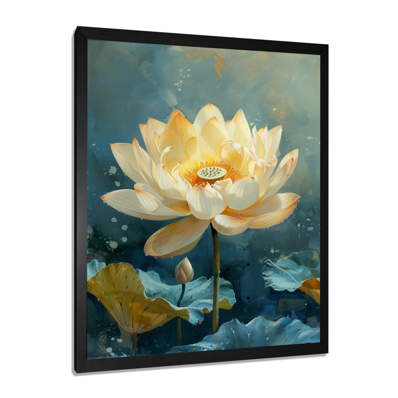 Étang de lotus beige et bleu au printemps, Sans cadre, métal, H 30 po x l 40 po