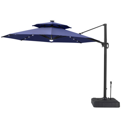 11 Ft. Cantilever Patio Umbrella With LED Lights And Base - Navy Blue