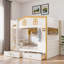 Lit superposé avec garde-corps en forme de maison, tablettes de rangement et tiroirs-739834497