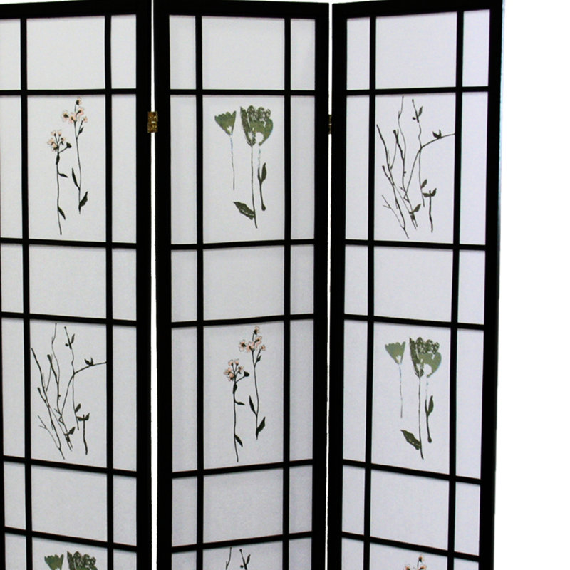 Paravent 4 écrans, 70 po de hauteur, noir avec écran imprimé complexe, motif floral asiatique
