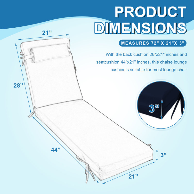 4ps 3-inch Thick Outdoor Lounge Chair Cushion-waterproof And Colorfast, Suitable For Most 72-inch Pool Balcony Chairs., 72" W