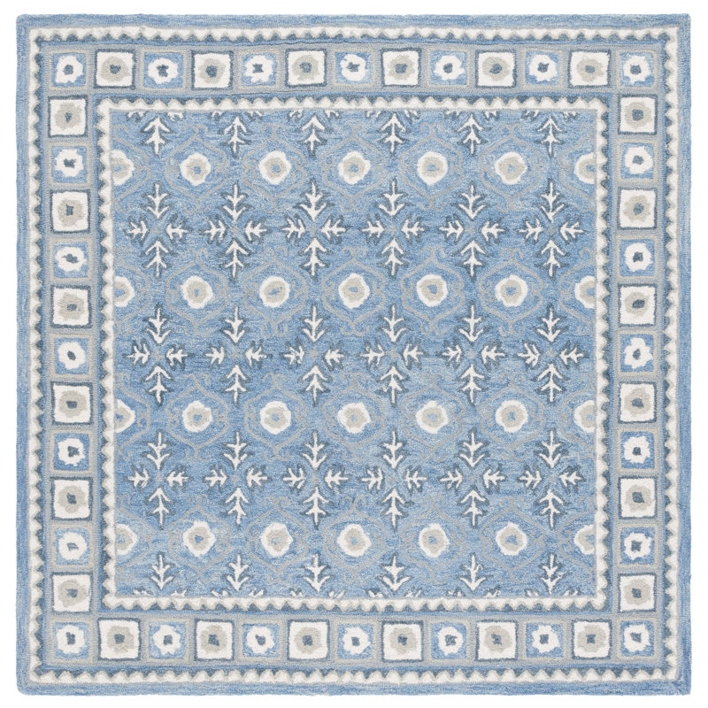 Ebony Hand Tufted Wool/Cotton Southwestern Rug in Blue/Ivory, Square 7"