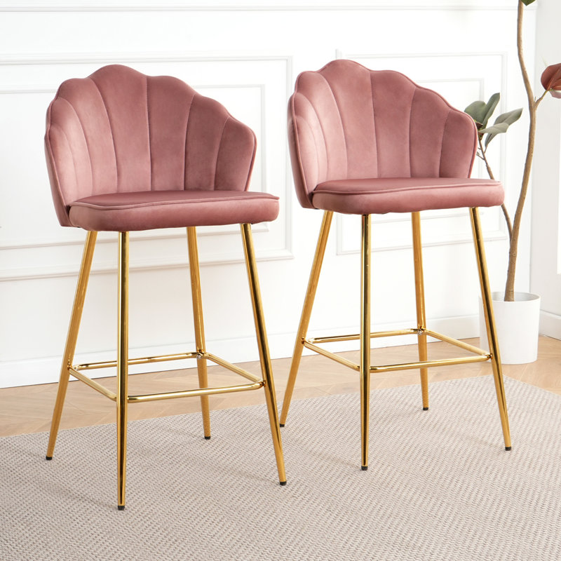Velvet Upholstered Barstools Set of 2, Pink