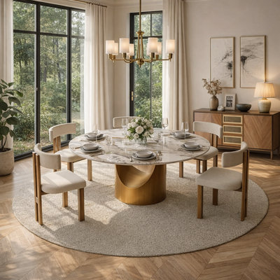 POVISON Modern Sintered Stone Round Dining Table with U-shaped Leg, Seats 4 to 6, Kitchen Table for Living Room